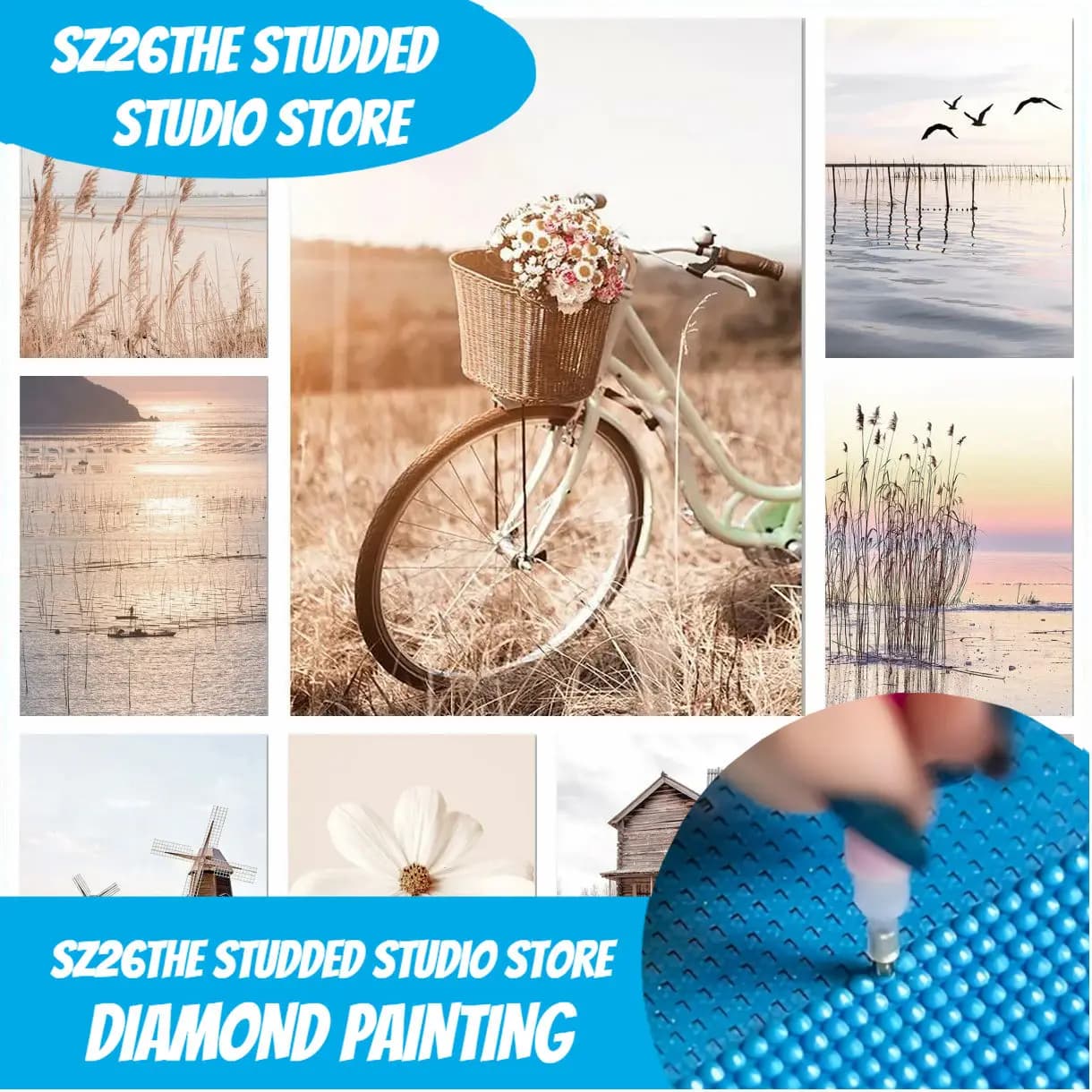 Sz26 Quadro da parete decorativo beige con borchie, Pittura diamantata 5D fai da te, Immagini di Bicicletta, Mongolfiera, Orchidea, Tarassaco, Stampe nordiche per camera da letto
