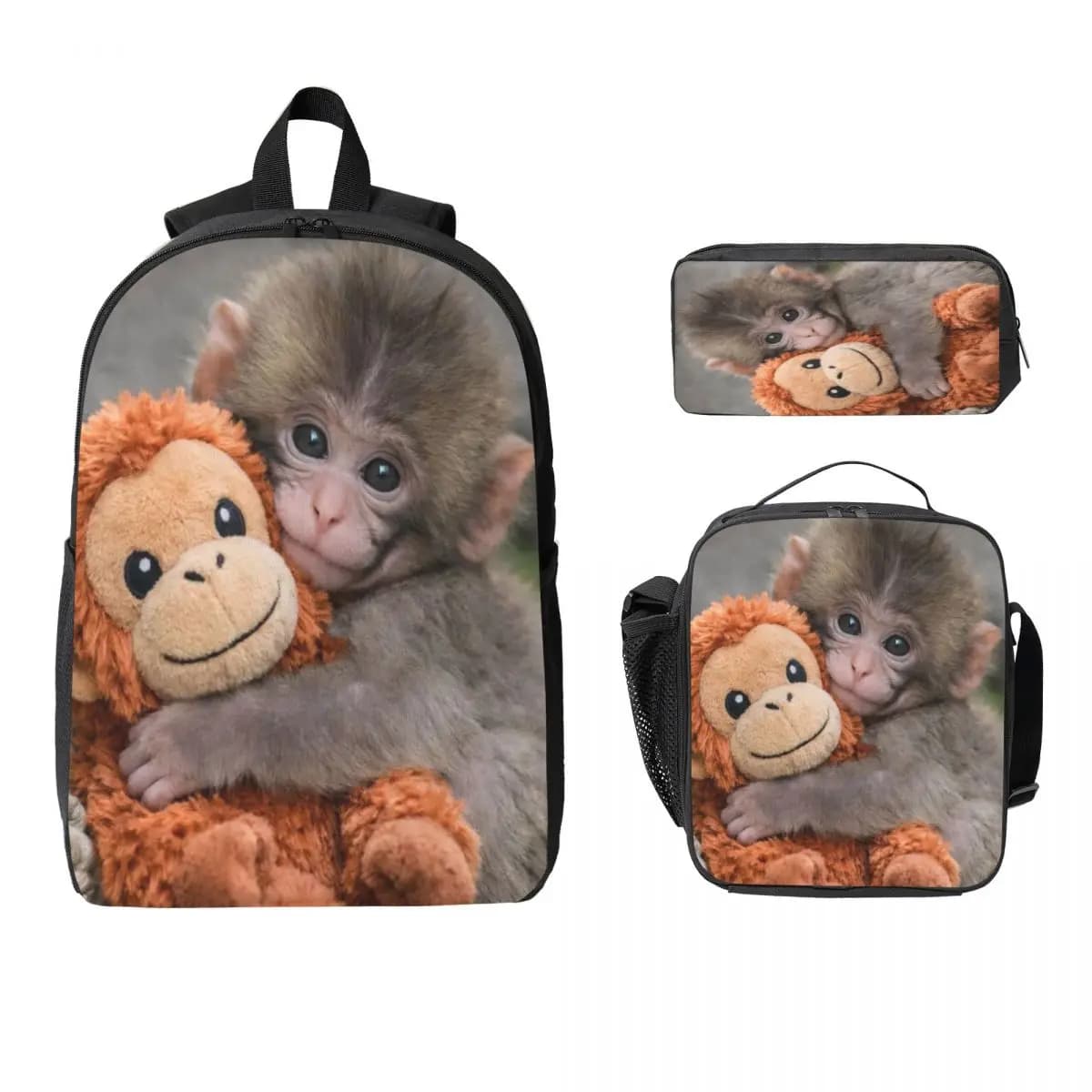 Set di 3 pezzi Monkey Punch: Zaino, astuccio e borsa termica a forma di scimmietta per bambini e bambine, ideale per la scuola.