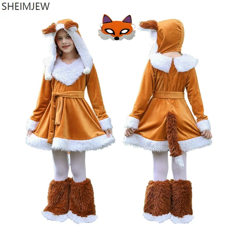 Costume per bambini di Halloween Costume da volpe Costume da ragazza Gioco di ruolo Animale Giungla Scoiattolo Carnevale Festa Spettacolo Set di copripiedi per orecchie in peluche