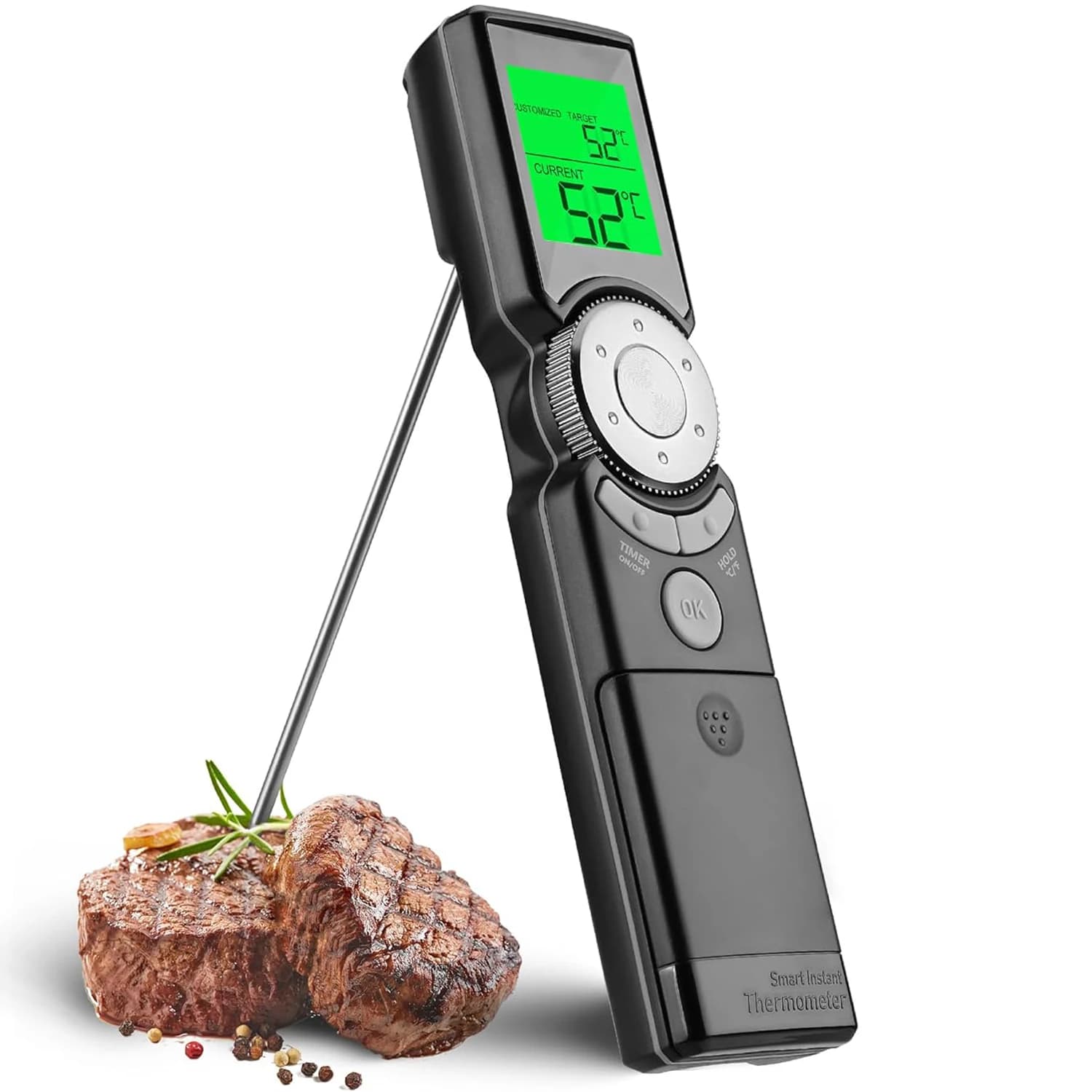 Termometro digitale per carne a lettura istantanea, sonda ad alta precisione con timer e interfaccia a scorrimento rapido per grill, barbecue, friggere