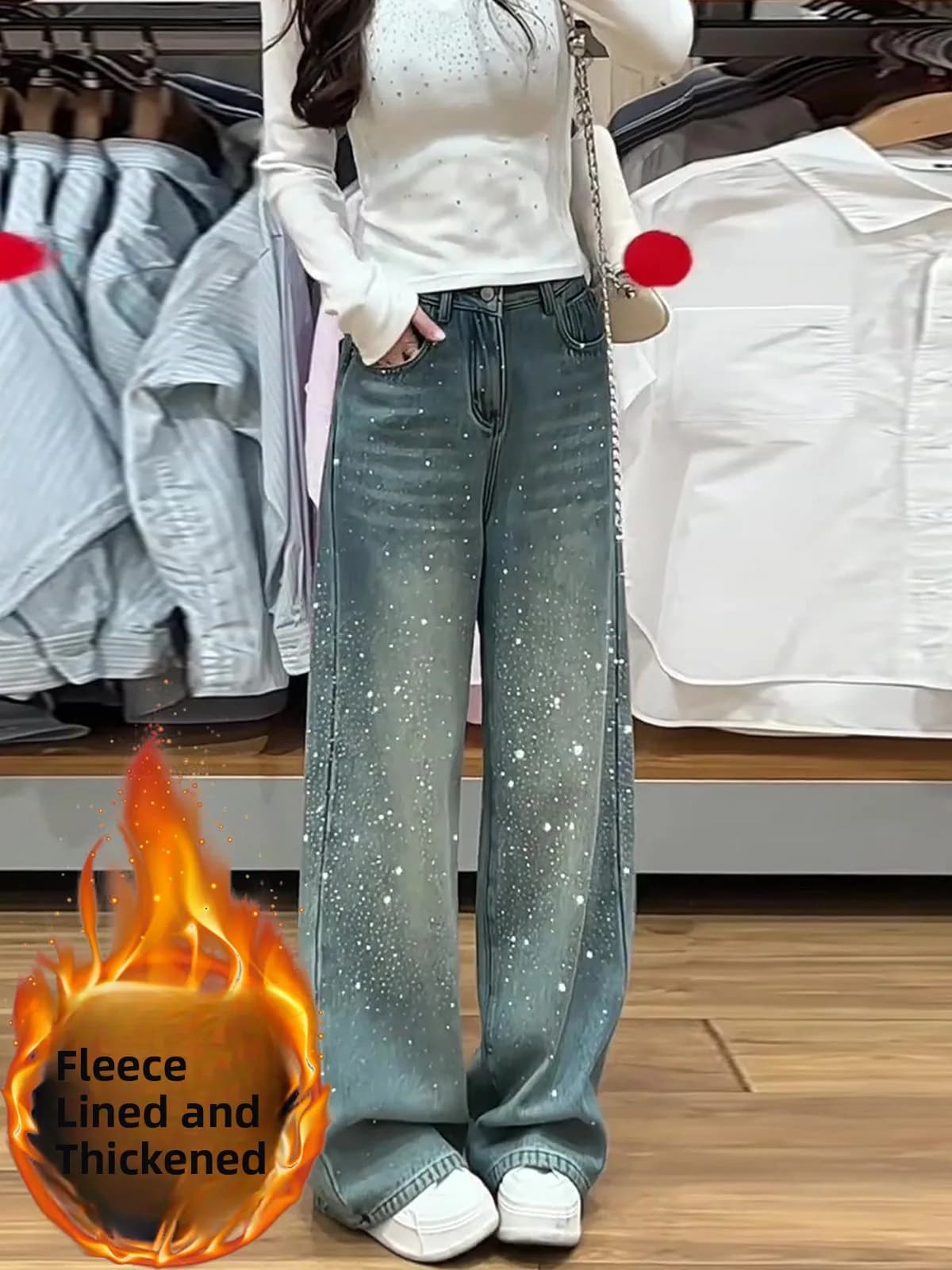 Jeans Donna Trendy a Vita Alta Foderati in Pile, Gamba Larga, Taglio Dritto e Morbido, Nuova Collezione Primavera, Modello Hot S