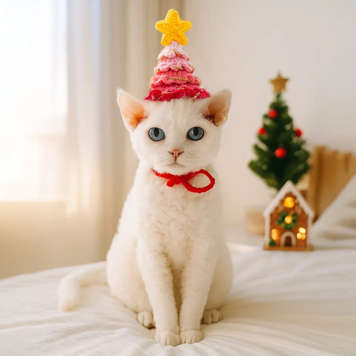 Cappello Natalizio Lavorato a Maglia per Animali Domestici con Stella, Copricapo Natalizio Regolabile con Cravatta per Gatti e Cani, Accessorio per Foto di Capodanno