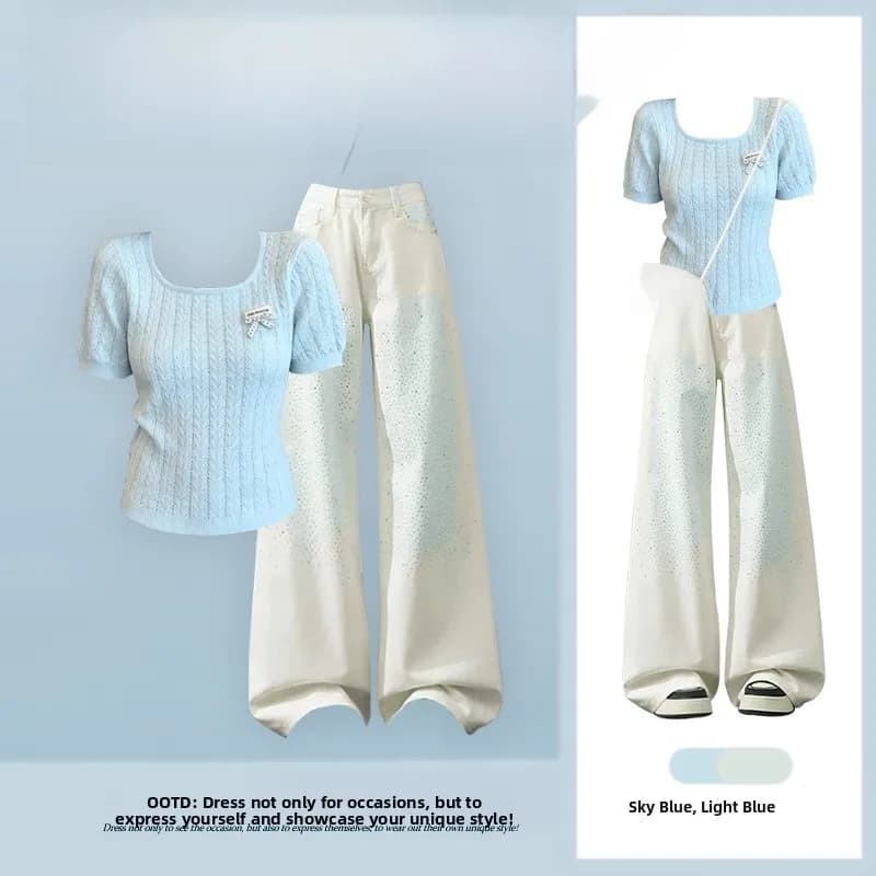 Summer Versatile Women's Set Gentle Style Waist-Cut Short Sleeve Top with Slimming Jeans Two-Piece Suit Fashionable Casual Wear
