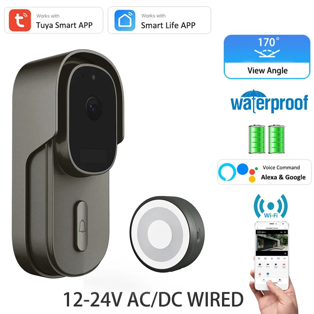 Tuya Videocitofono WiFi Campanello per porta senza fili DC AC Alimentato a batteria 1080P 2MP Impermeabile con Alexa Campanello per porta Camerar Smart Home