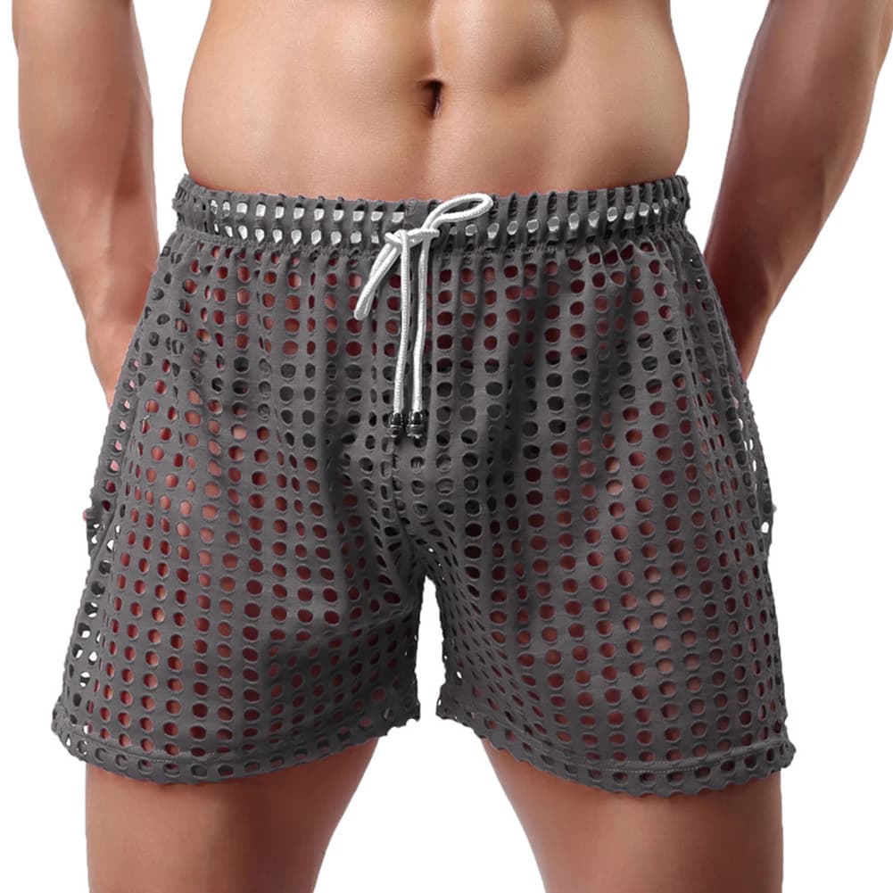 Rete da pesca da uomo Boxer velati Pantaloncini traspiranti in rete Intimo da salotto Vedi attraverso boxer lunghi Mutande scavate