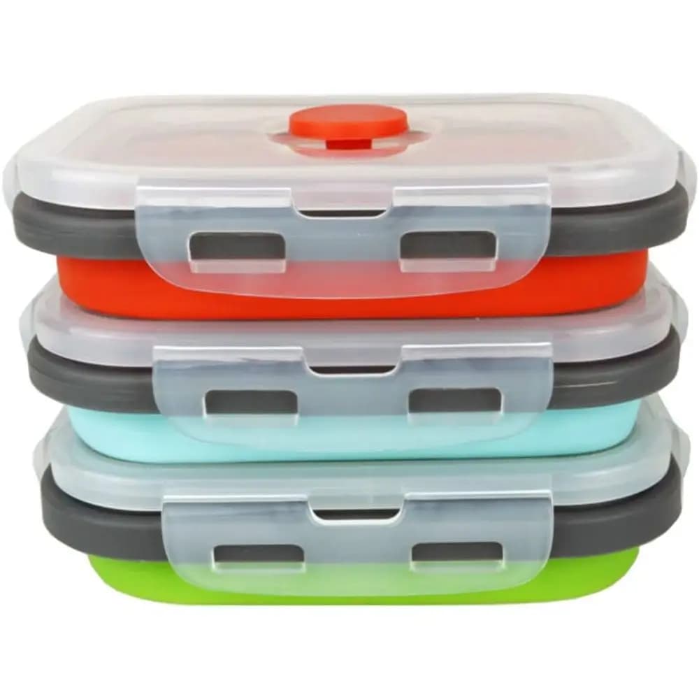Set di 3 Contenitori Pieghevoli in Silicone per Alimenti con Coperchi Ermetici, 350ml, Adatti per Microonde e Congelatore