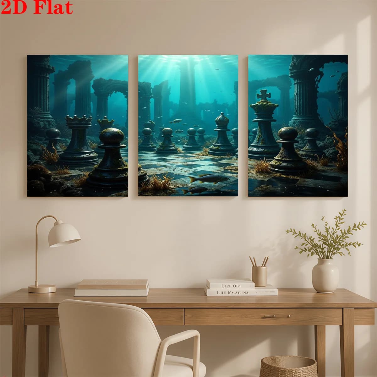 Frameless Canvas 2D 3pcs Canvas Art Wall Hanging- Underwater Chess Set Ruins. Suitable For Decorating Offices, Dining Rooms,