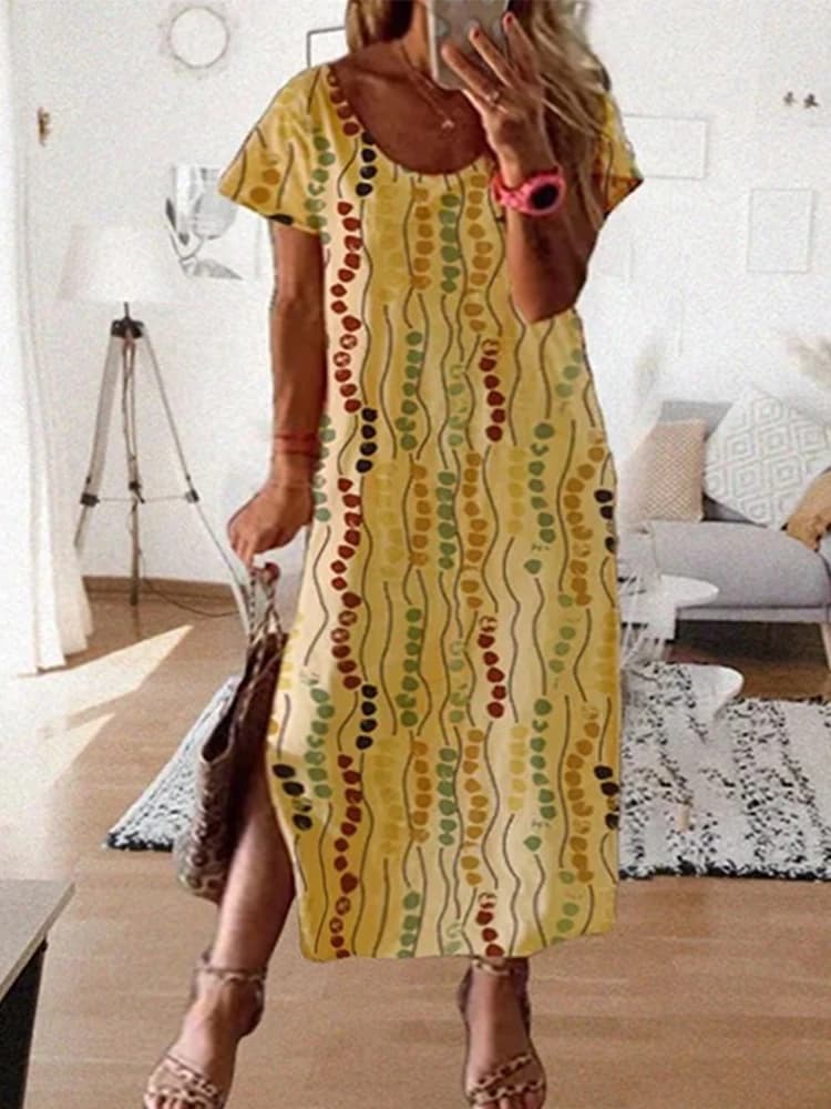 Plus Size Yellow Printed Midi Dress, Round Neck Short Sleeve Loose Long Maxi Dress, Casual Summer Daily Vacation Women Outfit