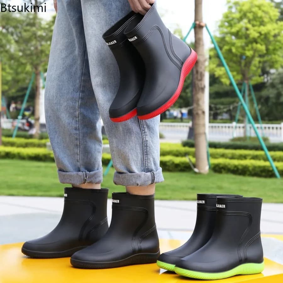 New Men's Rain Boots Outdoor Waterproof Rain Shoes Male Thick Soled Water Shoes Slip on Non-slip Fishing Hiking Ankle Boots Male