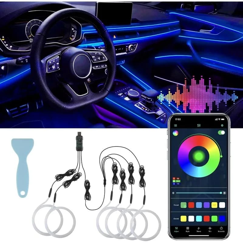 Luci interne per auto a LED intelligenti con porta USB Striscia LED Illuminazione ambientale in fibra ottica per auto, controllo tramite app wireless Sincronizzazione alla musica