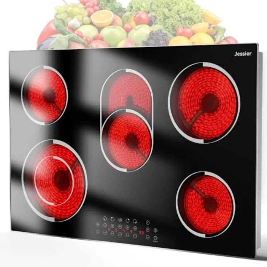 Piano Cottura Elettrico da 30 Pollici per Cucina in Vetroceramica Nero 8400W con 5 Bruciatori, Doppio Anello, Timer 99 Minuti e Blocco di Sicurezza