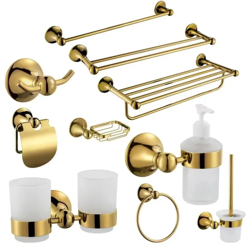 Set di Accessori per Bagno Contemporaneo in Acciaio Inox Nero, Portasciugamani e Mensola in Vetro, Set di Lusso Dorato