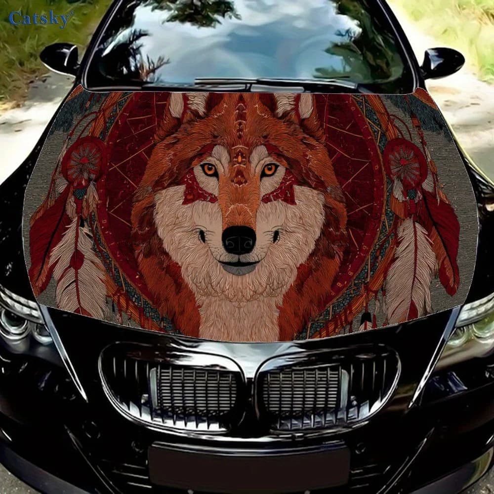 Vintage Red Wolf and Dreamcatcher Car Hood Sticker, Personalized & Trendy Auto Art Decal, Self-adhesive Waterproof Car Exterior