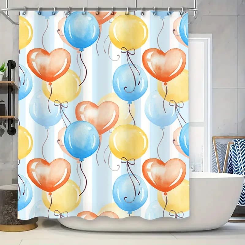 Tenda da doccia con palloncino acquerello Blu Giallo Rosso Aria calda a forma di cuore Nastri decorativi in tessuto per vasca da bagno Accessori per il bagno domestico impermeabili