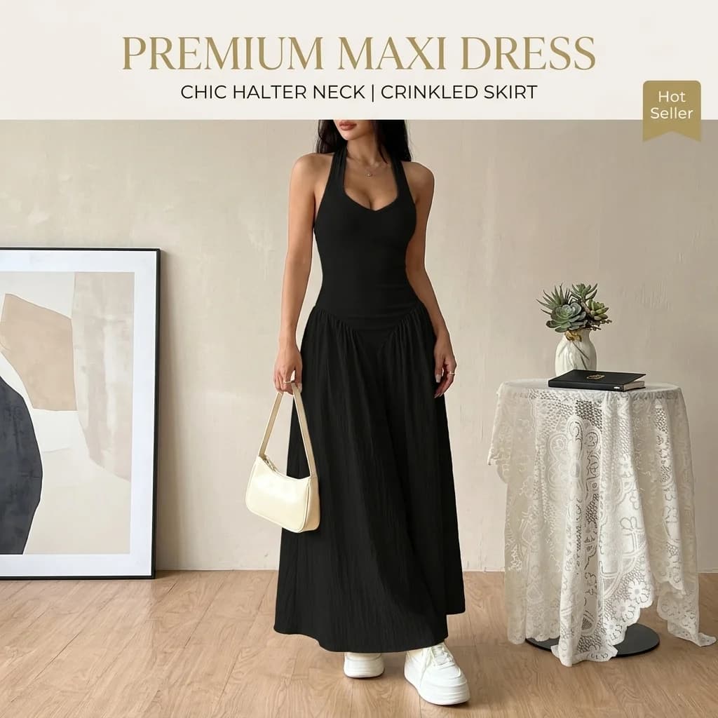 Luso Elegant Halter Neck Maxi Dress Women Casual Solid Black Sleeveless Long Dress Sexy Backless Crinkled A-Line Party Robe