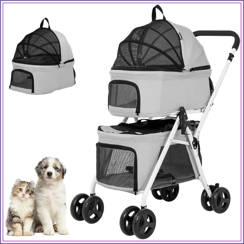 Double Dog Stroller with 2 Detachable Carriers, Lightweight Folding Pet Travel Carriage, 4 Wheels