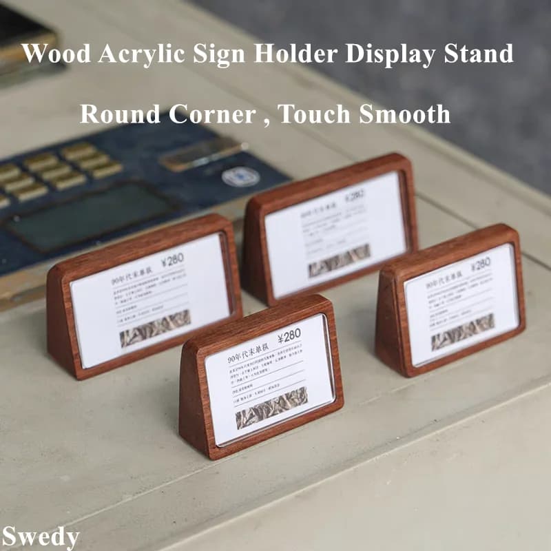5 Pezzi Porta Etichette in Legno 78x38mm, Espositore in Acrilico, Porta Menu per Ristoranti, Porta Cartellini Prezzi, Porta Biglietti