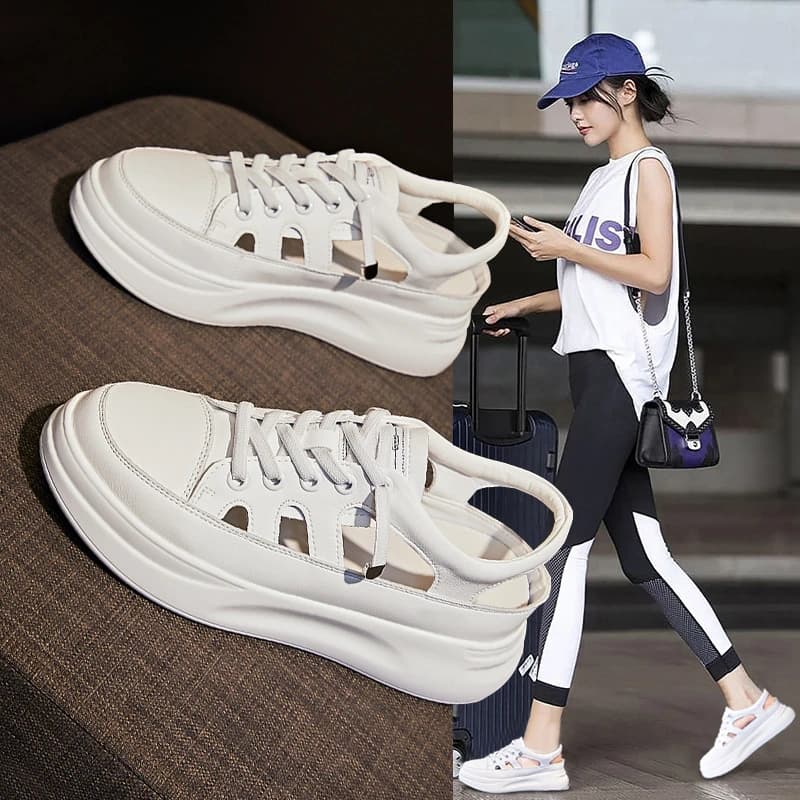 Hollow Out Breathable White Platform Sneakers New Spring Korean Style All Match Slip On Thick Sole Height Increasing Casual