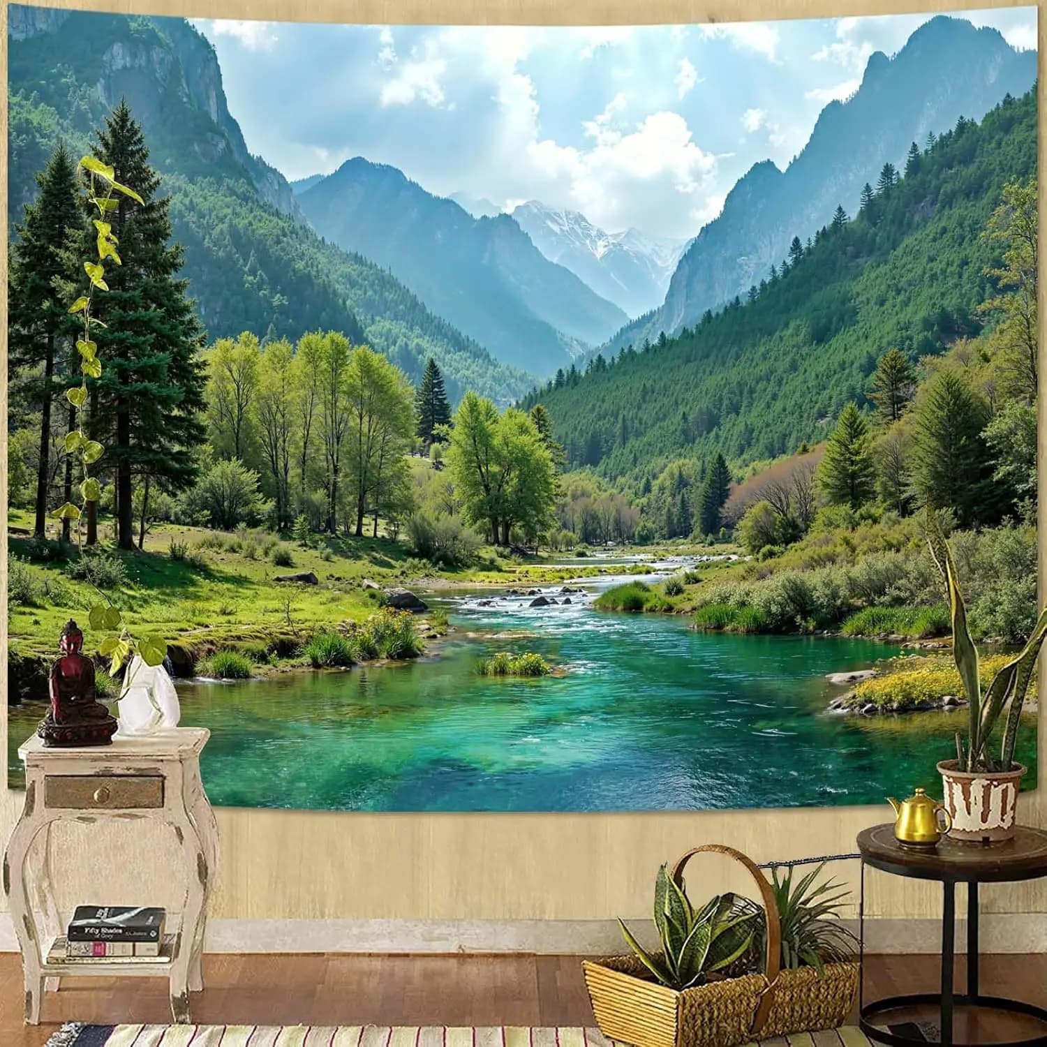 Nature Mountain Forest Tapestry Sage Green Tree Stream Wall Tapestry for Bedroom Aesthetic Lush Woodland Landscape Small