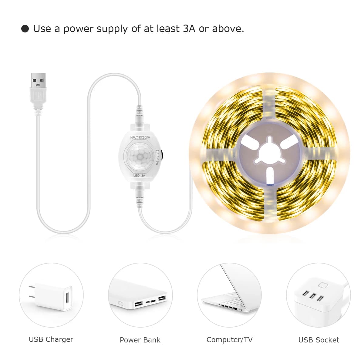 Sensore di Movimento PIR Wireless, Striscia LED USB 5V, Nastro LED Flessibile per Scale, Armadi, Cucina, Retroilluminazione, Luce Notturna, Decorazione