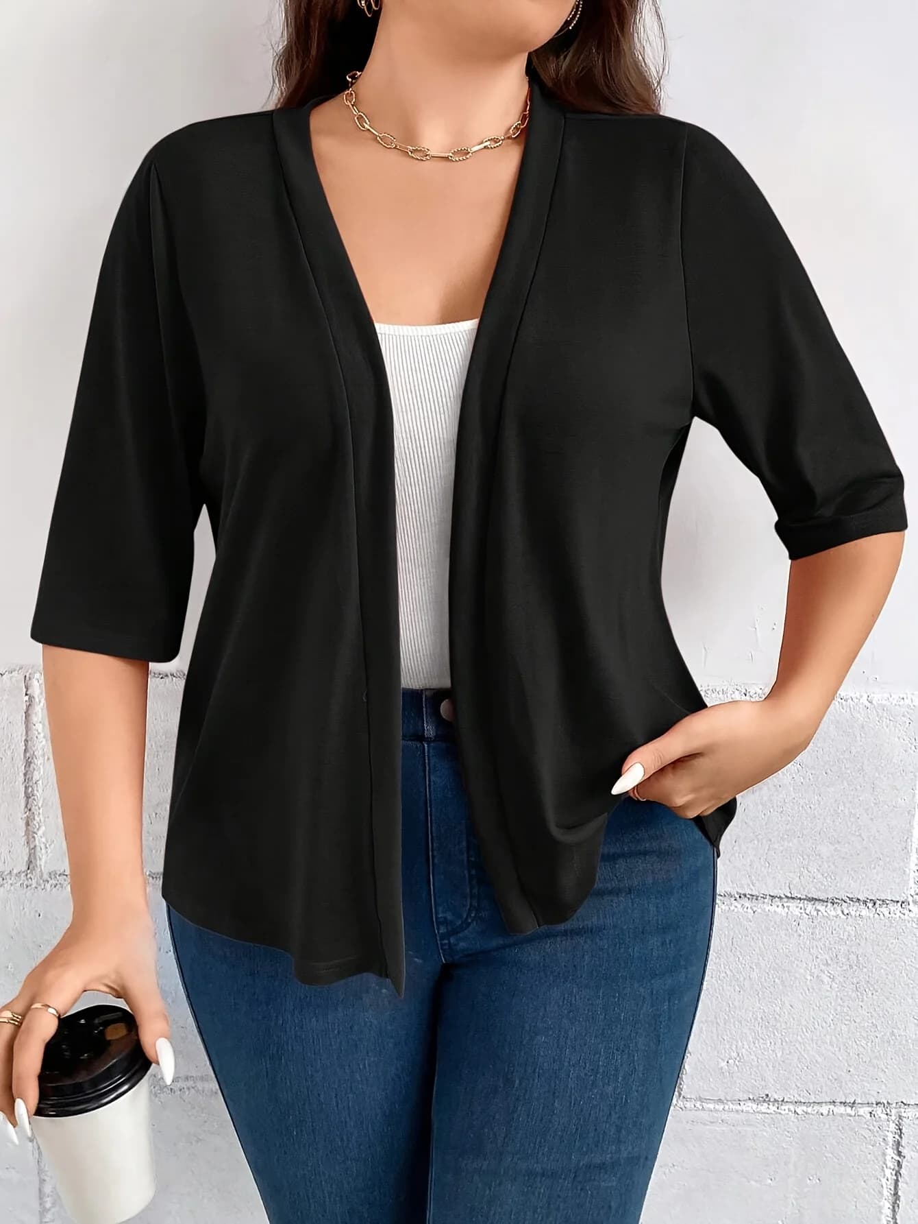 Plus Size tinta unita drappo giacca frontale aperta giacca aperta semplice e versatile con maniche a tre quarti
