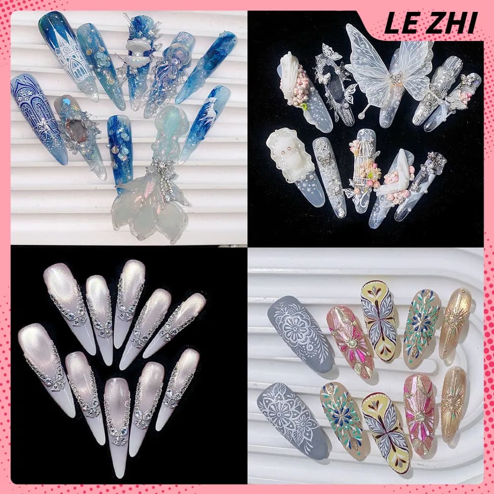 Dreamy Gorgeous Jellyfish Butterfly Handmade Nail Art Cat's Eye Diamond Glitter Flower Pearl Long Press On Nails Party Stickers