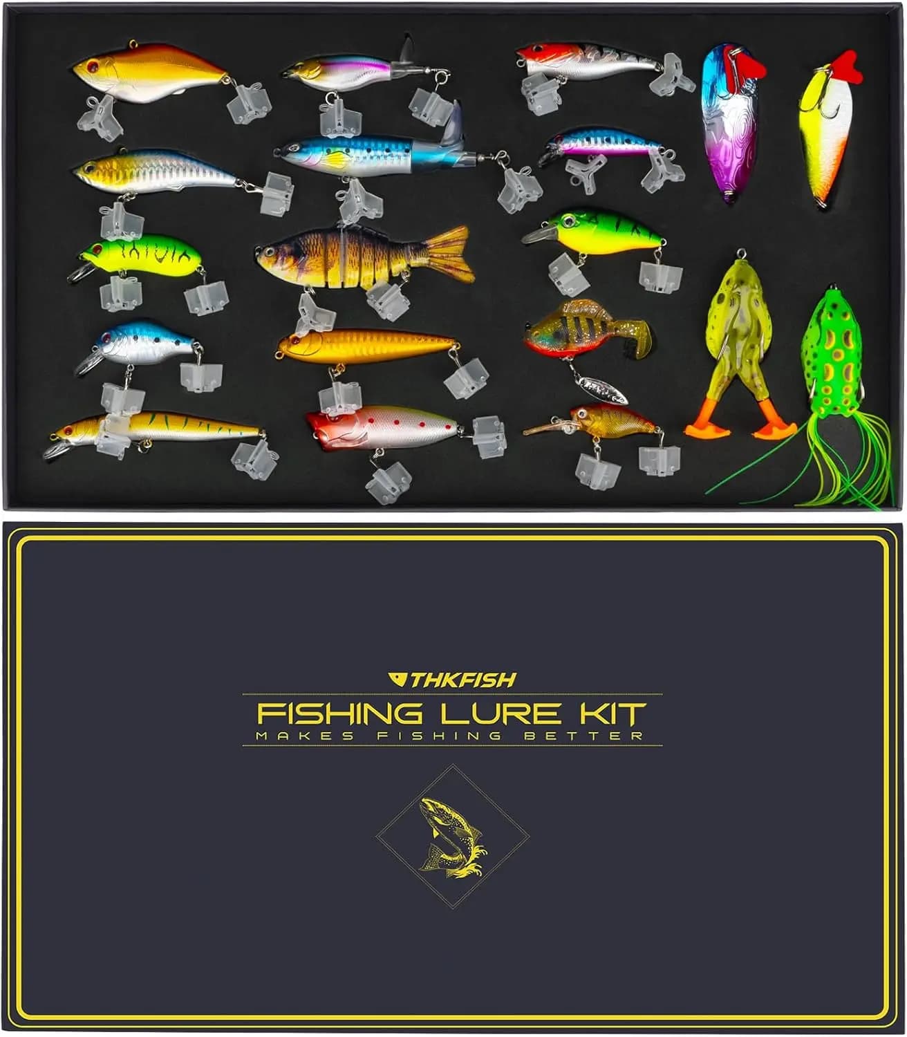 Kit of 19 Fishing baits with Box Door Tools for Bass, Trout, Crappies, Bluegill, Persian, Sunfish, Catfish - Set Perfect for Men and Adults