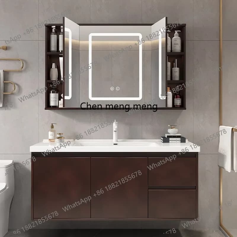 Mobiletto da bagno pieghevole in rovere con specchio Feng Shui a scomparsa, lavabo integrato in ceramica, combinazione lavabo WC E136