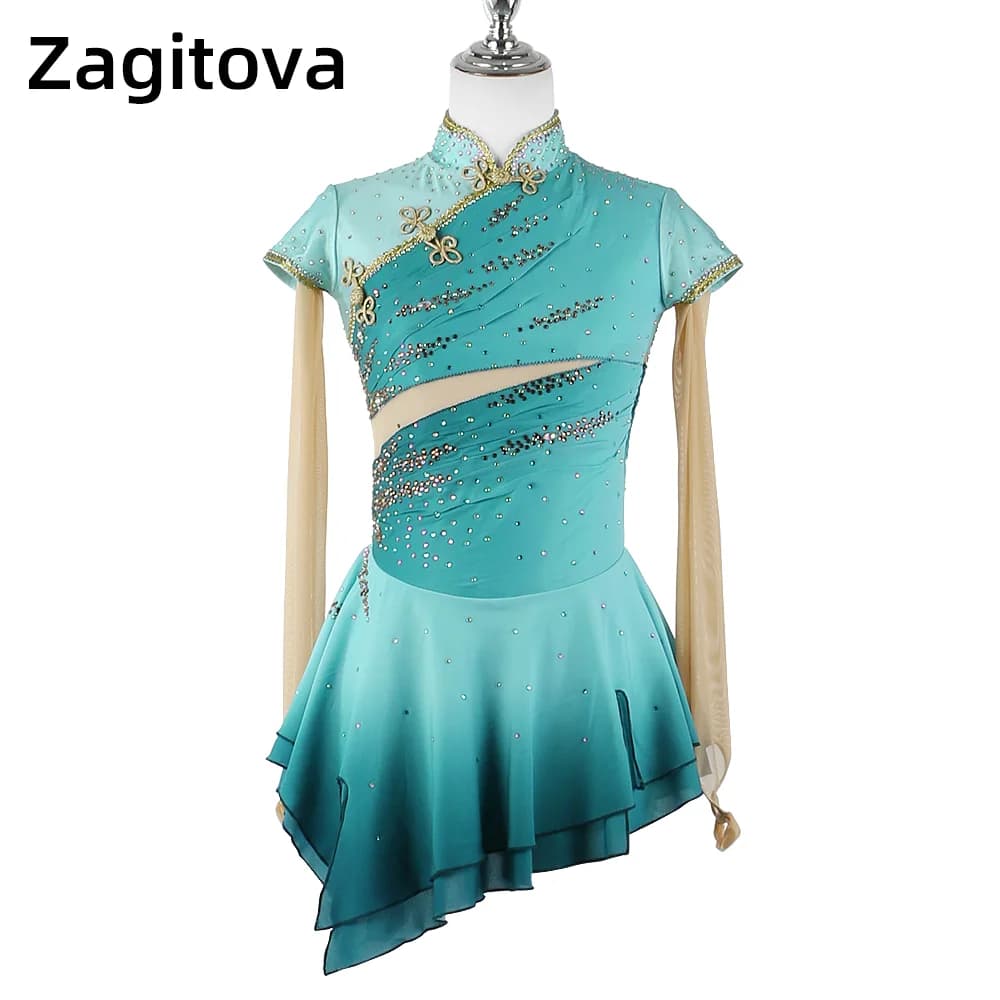 Zagitova Abito da pattinaggio di figura Donna Ragazza Verde menta Gonna da pattinaggio su ghiaccio Cheongsam Performance Competition Costume Stile cinese