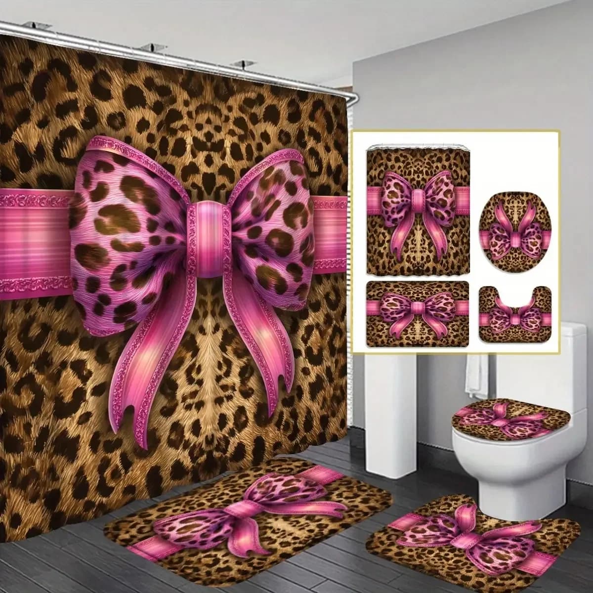 Leopard Print Pink Bow Shower Curtain Set with Bath Mat & Toilet Cover, Black Pink Animal Print Bathroom Decor, Machine Washable