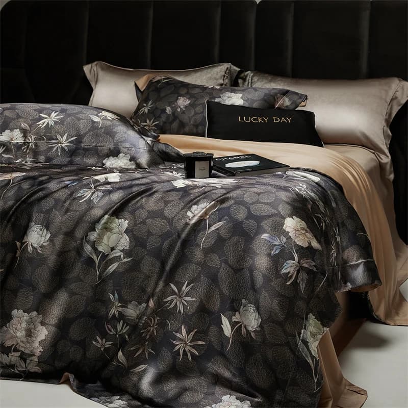 Set of soft and silky luxury bedding in modal cotton and frosty silk lyocell Flower prints Copripiumino Flat/stick pillowcase