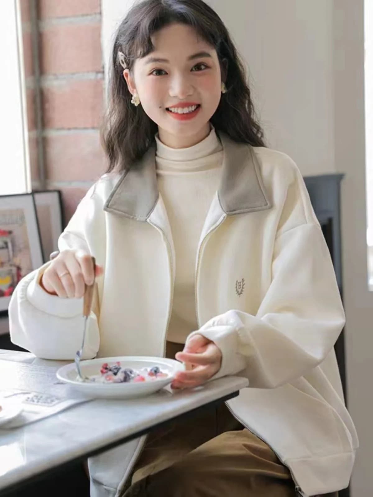 Nuovo Stile Primavera-Autunno, Cardigan Lungo da Donna Stile College, Giacca Versatile con Blocchi di Colore e Maniche Lunghe