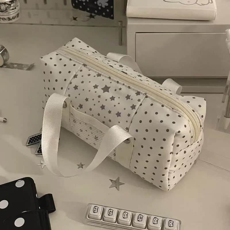 White Blue Color Star Polka Dot Tote Pencil Case Instagram Aesthetic Cute Pen Bag for Kids Large Capacity Stationery Organizer