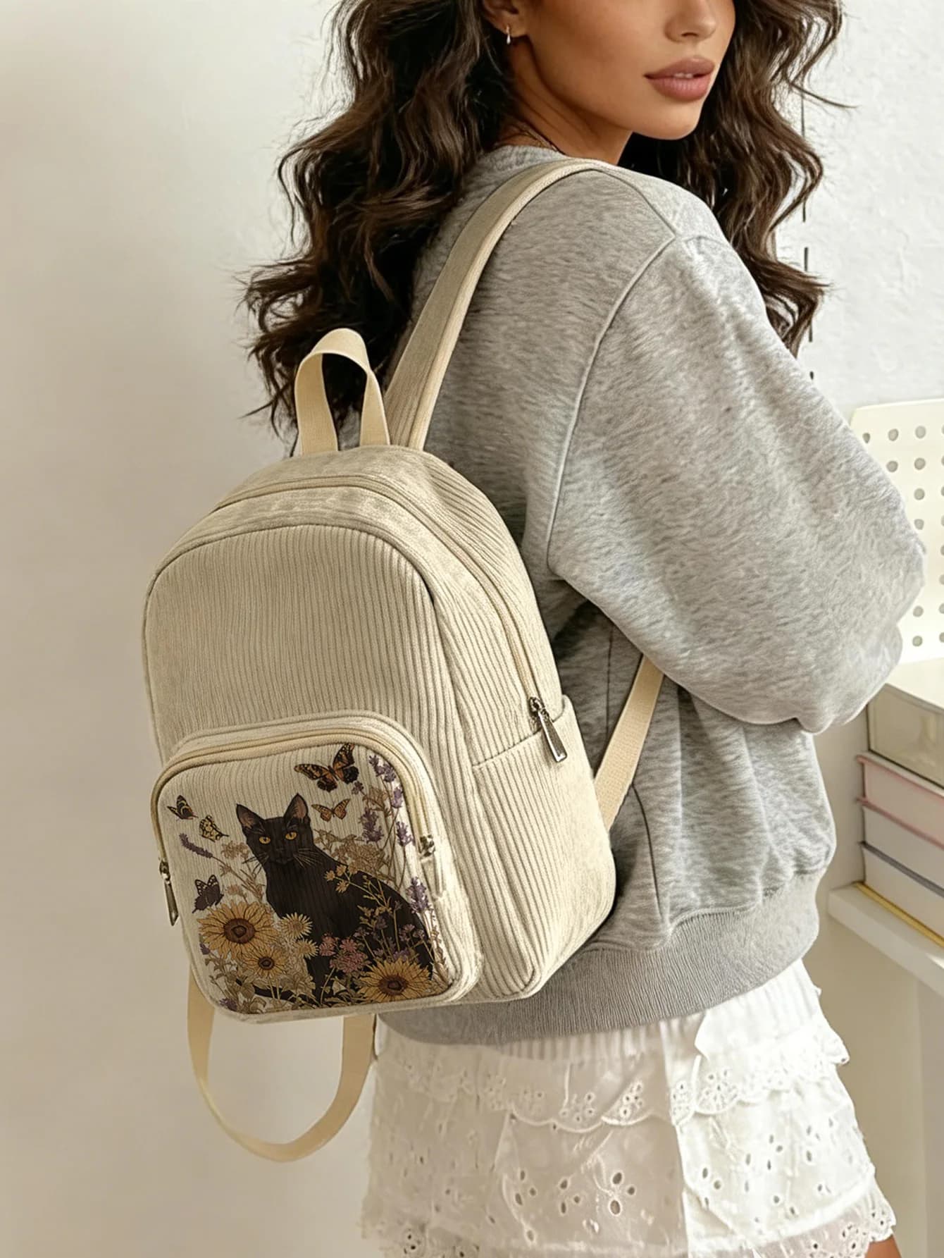 Black Cat & Sunflower Print Women Fashion Backpack Corduroy Multi-pocket Large Capacity Commuter Bag