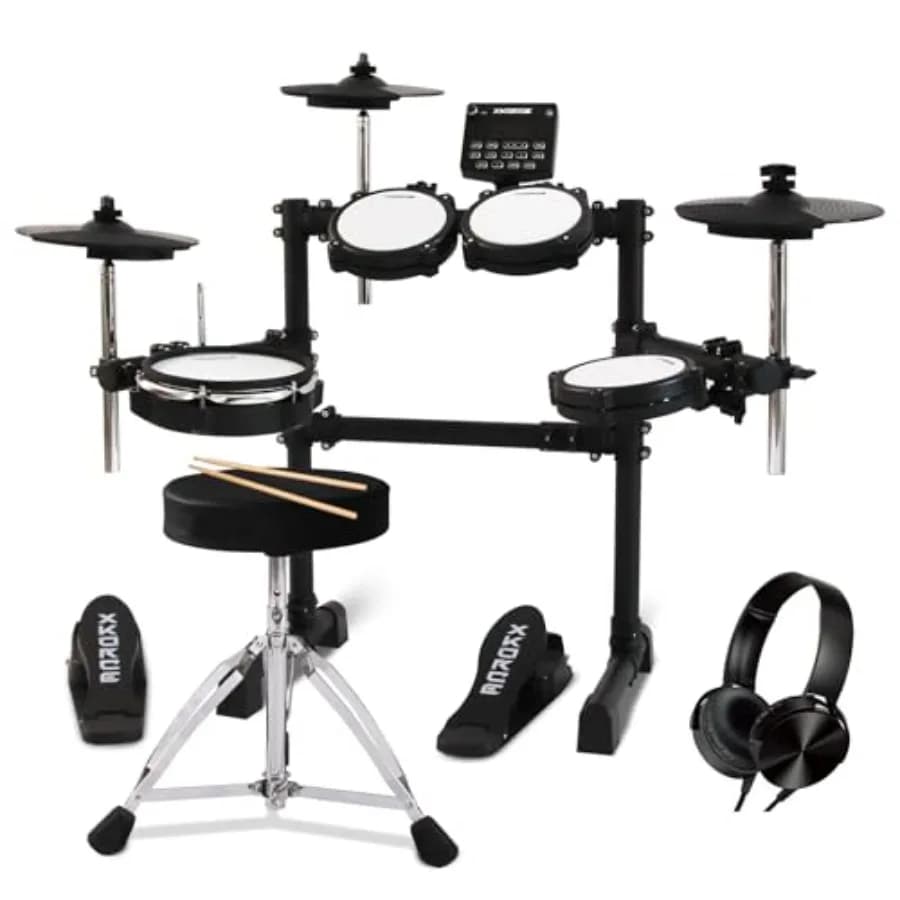 Set di batteria elettronica con 4 pad in rete silenziosi, 360 suoni, 2 pedali, cuffie, bacchette e funzione Bluetooth doppia