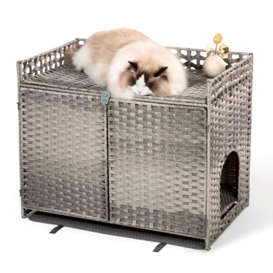 Mobiletto per lettiera per gatti con 2 tappetini, intrecciato a mano, per nascondere la lettiera, grande 30.3"L x 18.2"W x 24.2"H, utilizzabile anche come mobile da interno