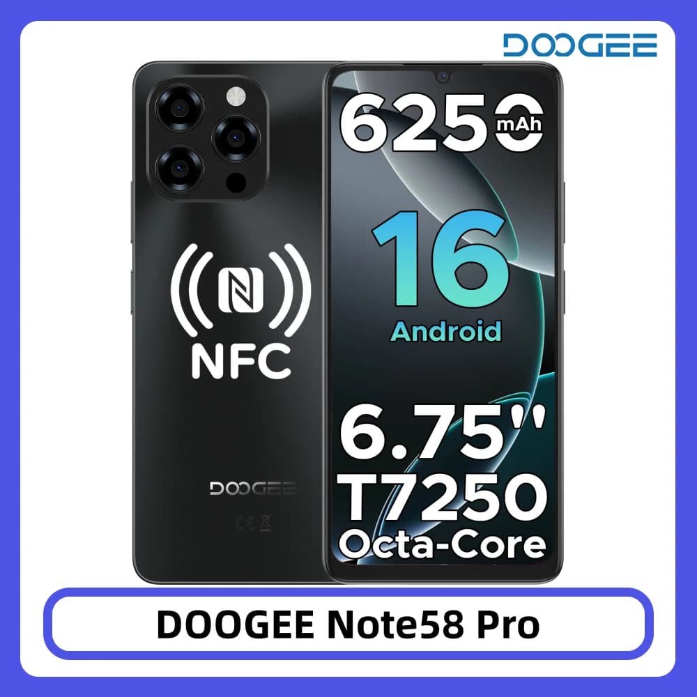 DOOGEE Note58 Pro Smartphone Android 16, 32GB/256GB, 6.75" HD+ 90Hz, Batteria Grande 6250mAh, Fotocamera 16MP, Impronta Digitale, NFC