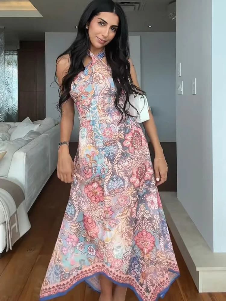 Vintage Printed Women's Halter Long Dress Off Shoulder Irregular Waist-Closed A-line Dresses 2026 Summer Vacation Holiday Robes