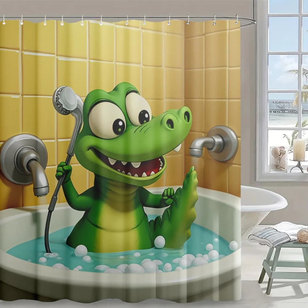 Fun Crocodile Character Shower Curtain Waterproof Funny Bathroom Decor for Kids Family Novelty Curtain Curtain Bathing Room Acce