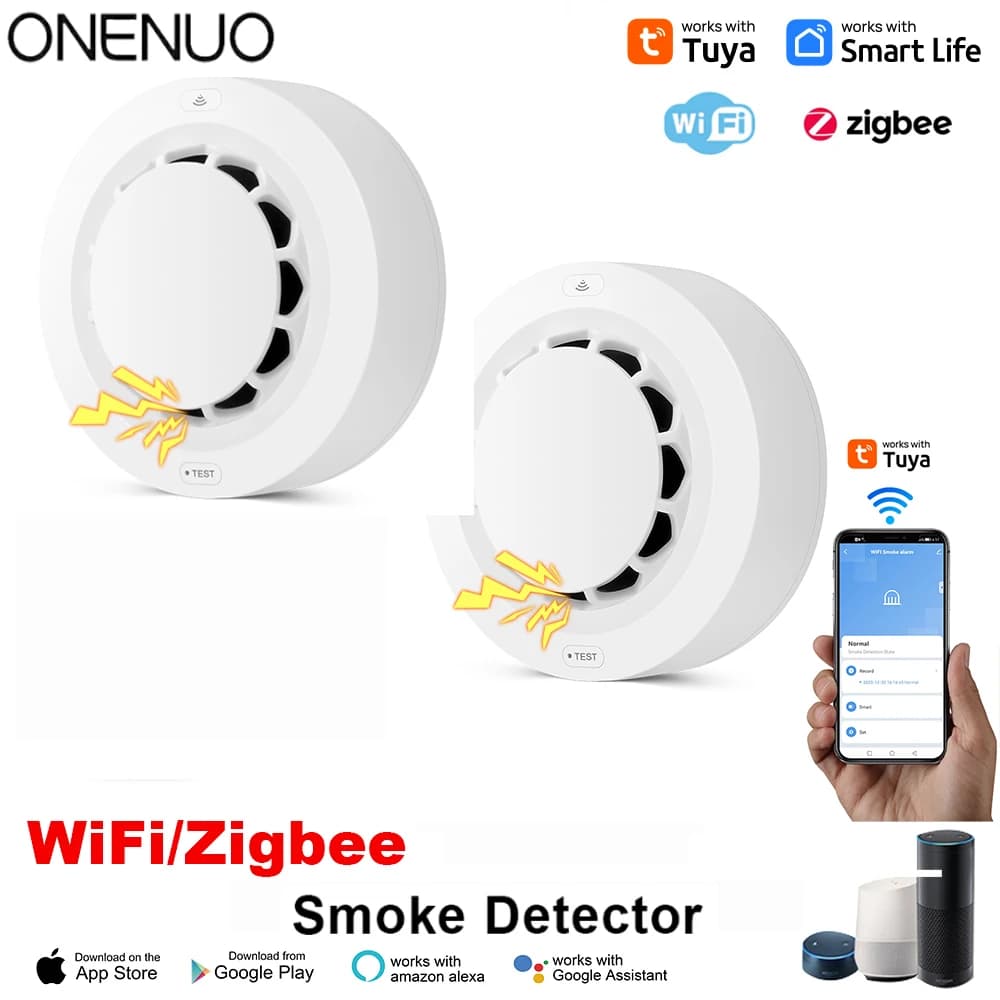 Tuya Wifi o Zigbee Sensore rilevatore di fumo Protezione antincendio wireless Allarme fumo Sensore di prevenzione di sicurezza ad alta sensibilità 80DB