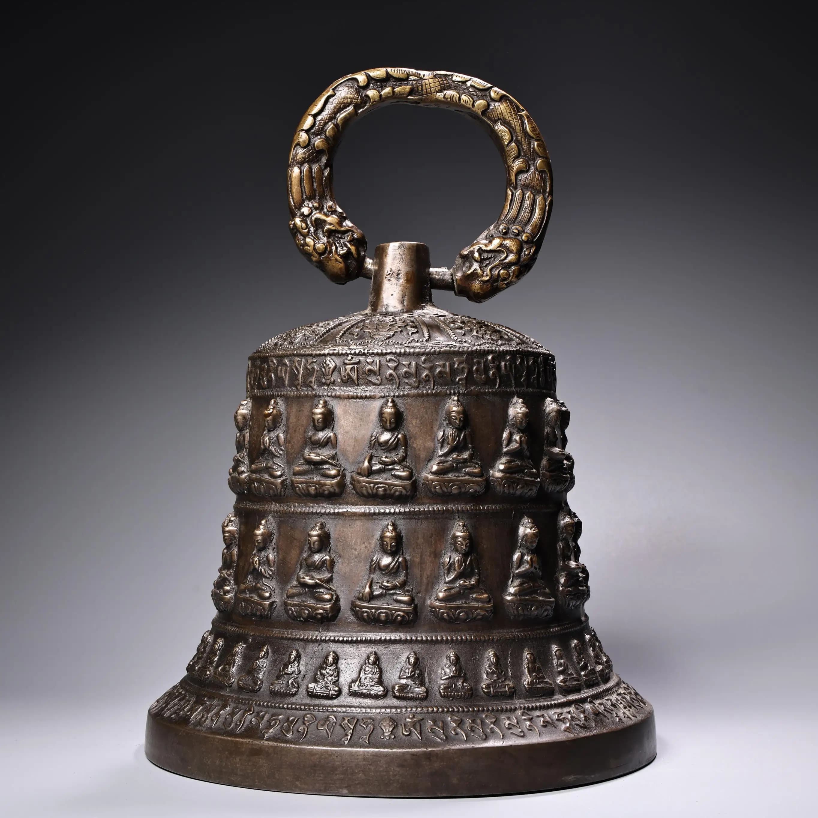 13"Tibetan Temple Collection Old Bronze Cinnabar High Relief Shakyamuni Buddha pattern Buddha Bell Hang the bell Worship Hall