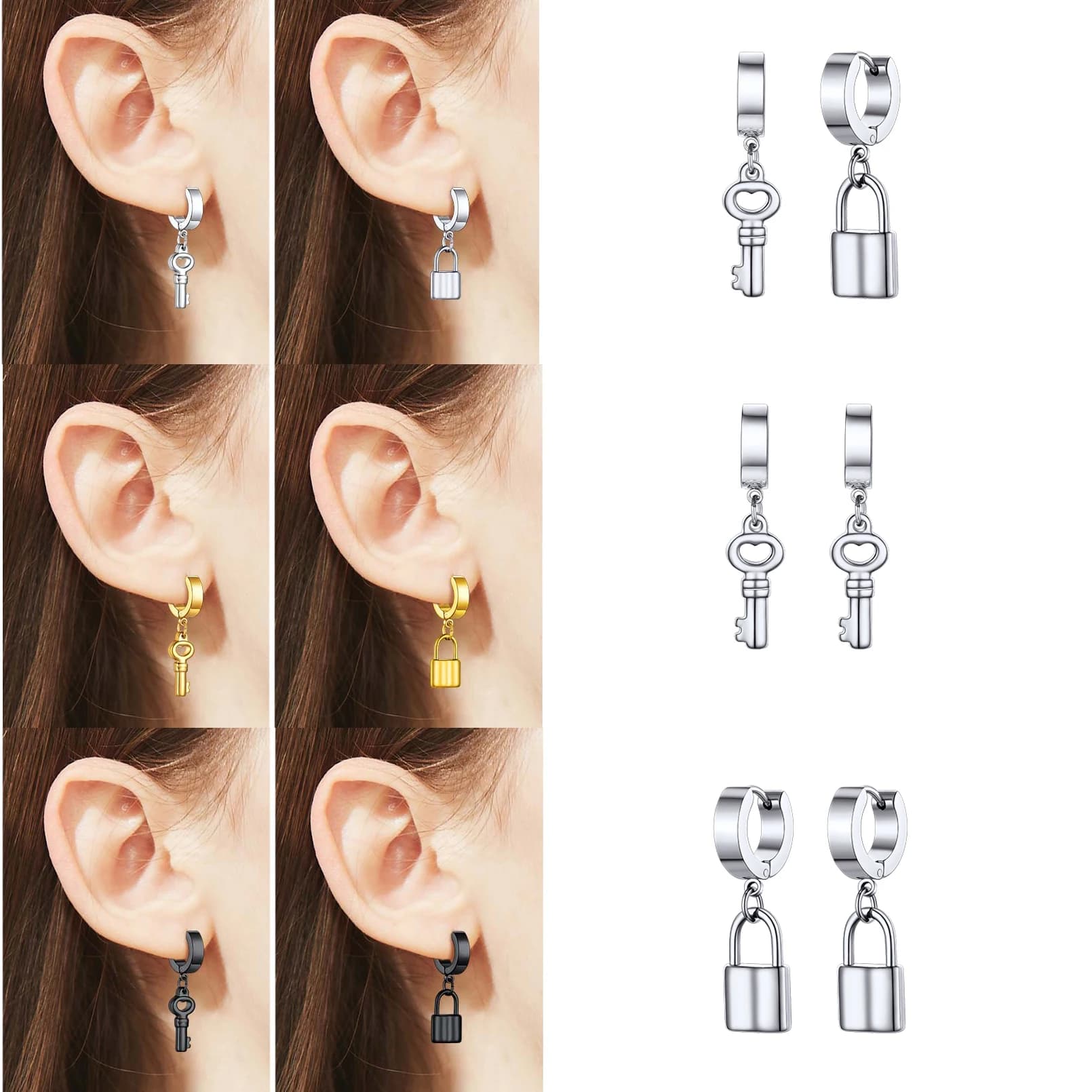 Orecchini Pendenti Unisex in Acciaio Inossidabile con Lucchetto Simmetrico e Asimmetrico, con Ciondoli a Forma di Chiave, per Donna e Uomo