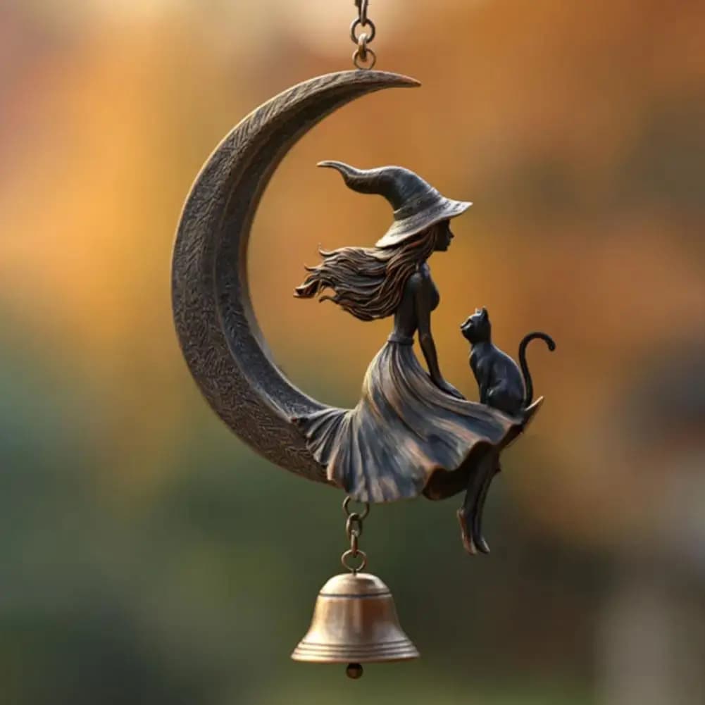 Outdoor Metal Wind Chime Garden Wind Chime Halloween Witch Black Cat Moon Wind Chime for Garden Patio Decor Metal for Outdoor