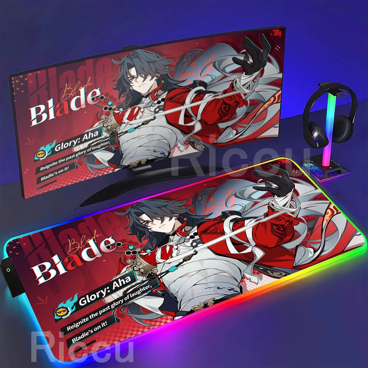 Tappetino per mouse RGB Honkai Star Rail HSR Mortenax Blade Tastiera da gioco XXL Stampa HD Tappetino per mouse LED per ufficio 40x90 cm Tappetino da scrivania retroilluminato