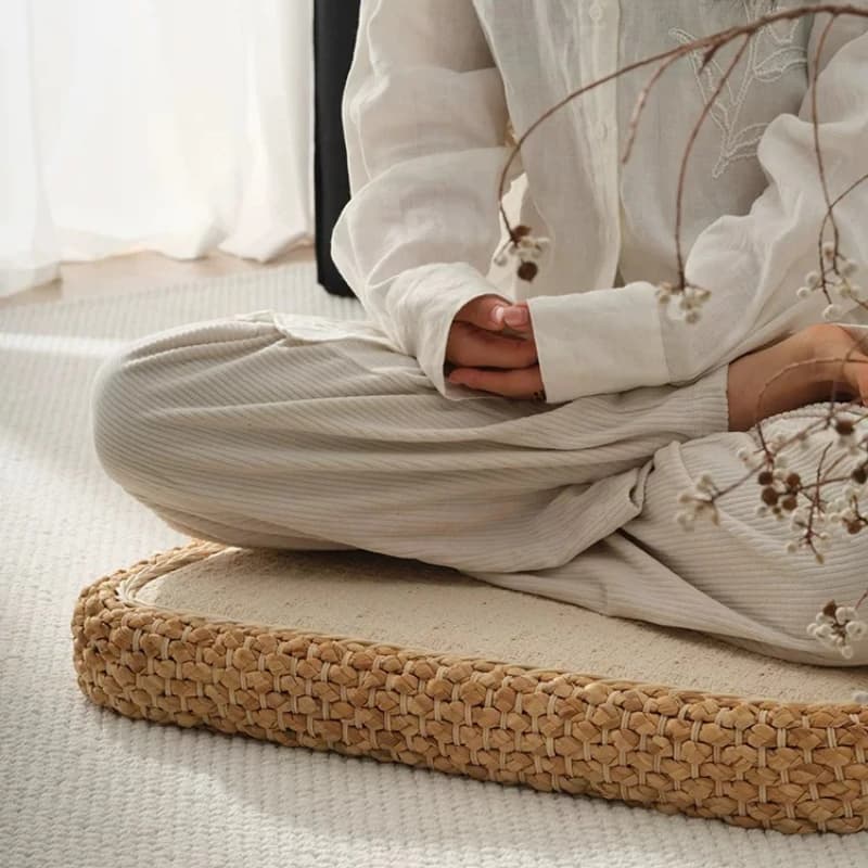 Rattan Floor Cushion for Reading on Ground Large Tatami Meditation Mat Woven Zen Sitting Pillow for Yoga Home Tea Room Low Seat