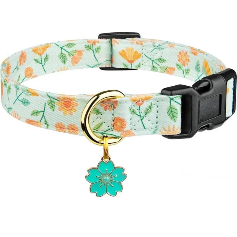 Cotton Handmade Dog Collar Cute and Distinctive Patterns Green Sunflower with Pendant for Girl Boy Dogs Collars
