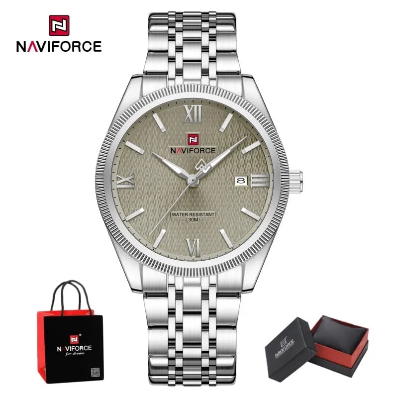 NAVIFORCE Orologio da uomo elegante da lavoro in acciaio inossidabile, impermeabile fino a 30 m, lancette luminose, movimento giapponese, confezione regalo