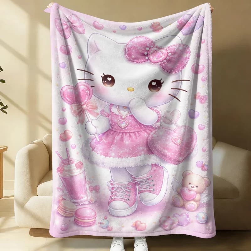 Coperta in Peluche Sanrio Hello Kitty con Stampa Cuori Rosa, Coperta in Flanella Kawaii per Ragazze, Decorazione per Camera da Letto e Divano