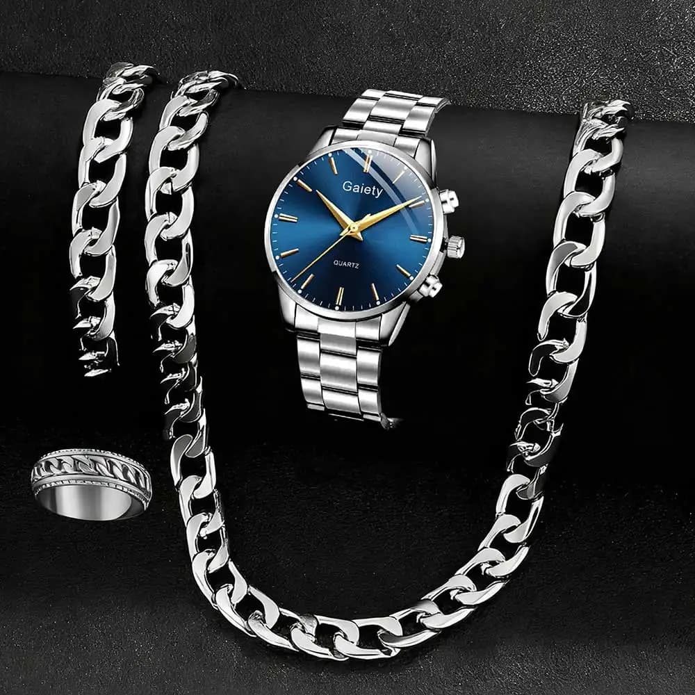 Set di orologi da uomo in argento da 4 pezzi, tendenza aziendale, linee semplici, scala, quadrante rotondo blu, orologio al quarzo, bracciale, collana, anello, set regalo perfetto