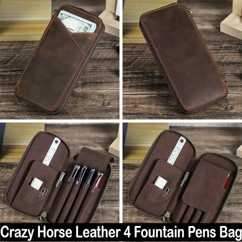 Astuccio per penne in pelle Crazy Horse stile vintage 4 penne stilografiche Borsa per matite in vera pelle con cerniera multiuso fatta a mano Cancelleria scolastica